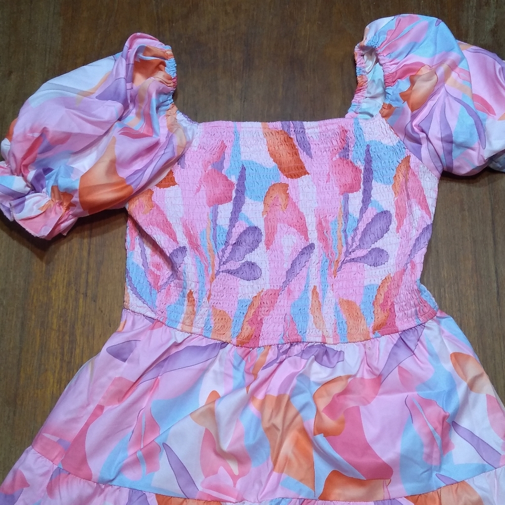 NWT Sissyaki Size M Pink, Purple, Short Sleeve Dress, Full Tiered Skirt,…